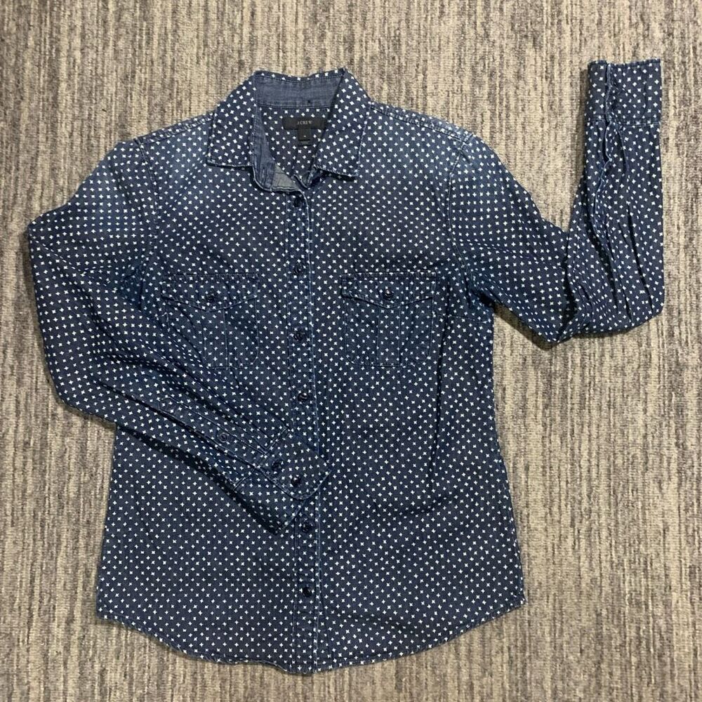 J. Crew Women's Size 4 Faded Blue Star‎ Long Sleeve Button Down Shirt Top Cotton